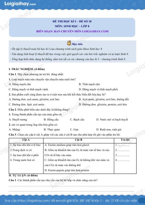 Đề số 18 - Đề kiểm tra học kì 1 - Sinh học 8